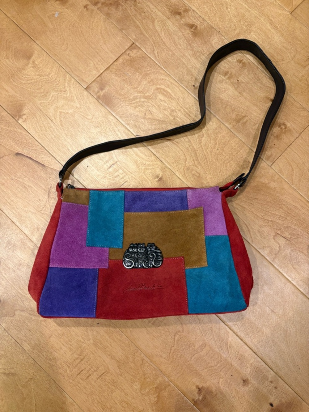 Laurel Burch Feline Friends patchwork suede shoulder bag vintage 90s cat
